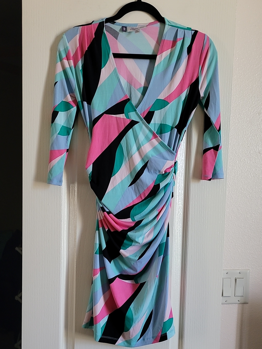 Jennifer Lopez Multicolor Abstract Wrap Midi Dress in Pink, Aqua & Black